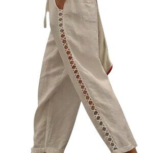 Women's Linen Capri Pants with Drawstring Petite Summer Beachwear Lightweight El